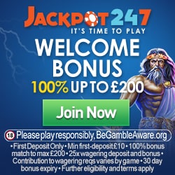 Jackpot247 Casino 100% up to £200 bonus - no code required!
